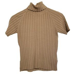 Vintage Short Sleeve Turtle Neck Beige/Tan Ribbed Knit Top Small Shirt Bellessa
